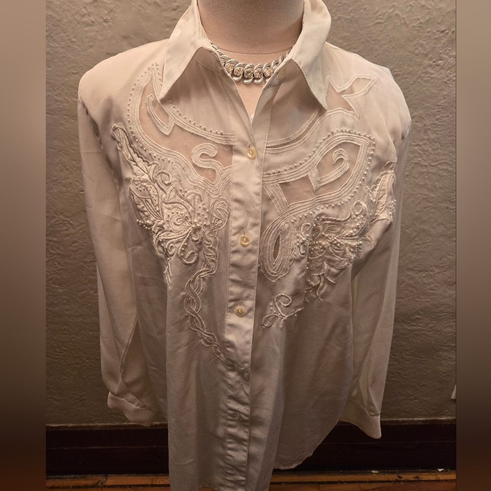 Vintage Nonpareil Sheer Embroidered Blouse Ivory • Romantic Western Lace Top L